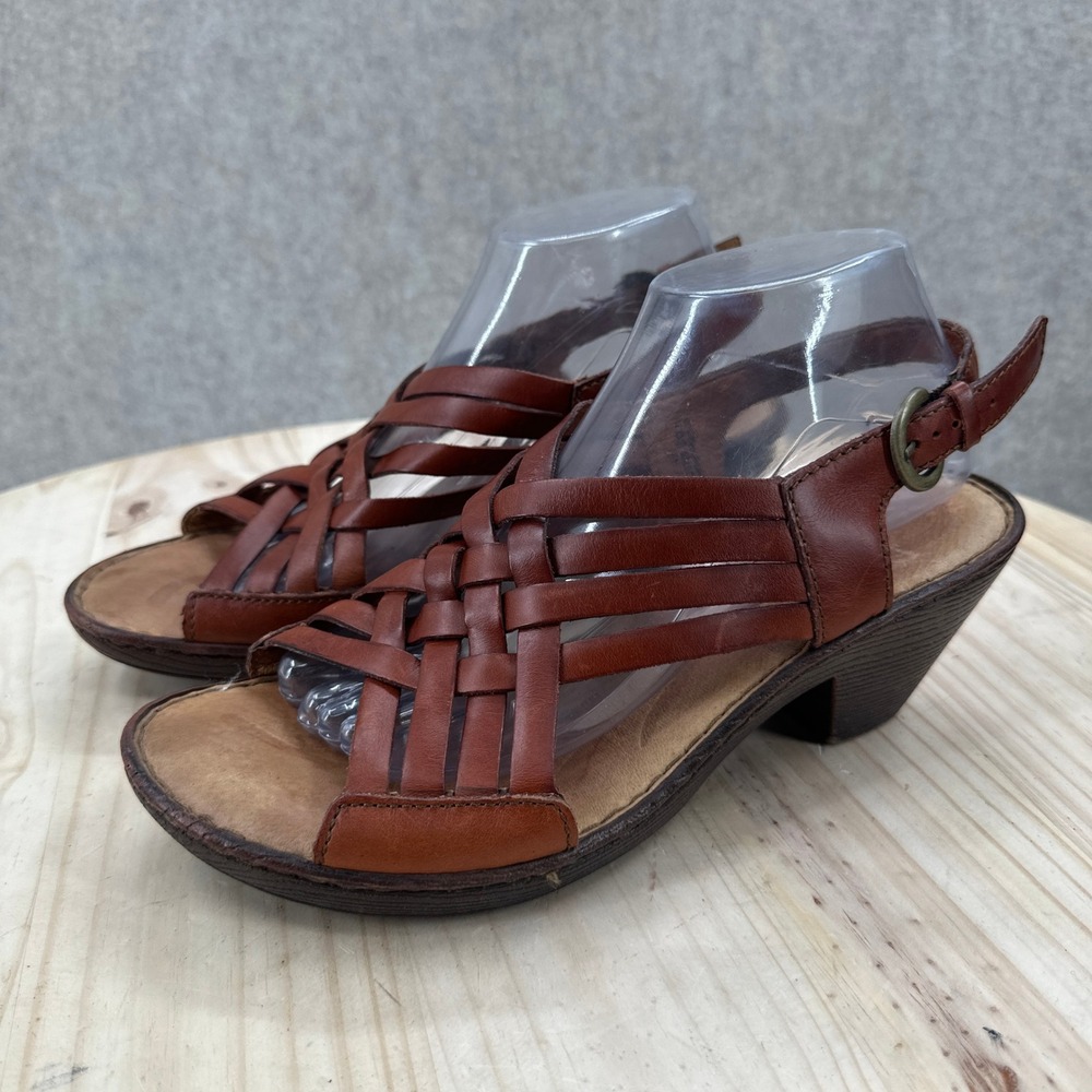 Born Heeled Woven Sandals Womens 10 Brown Leather Strappy Slingback Block Heel